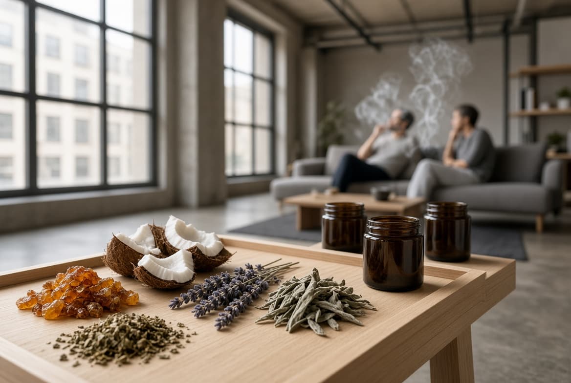Amber jars, coconut, lavender and sage laid out on a birch table in a sunlit loft